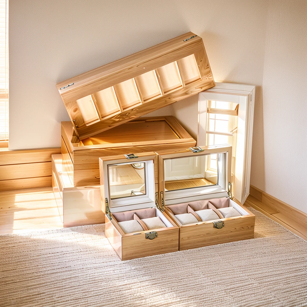 Comfort Room,White curtains,Soft sunshine,Linen floor coverings,Textured,Light filter,Watch Storage Box,Wood grain gloss,Peaceful and tranquil,Wall Still Life,Elegant decoration,Half-open windows,light breeze,Turn the pages,Peaceful atmosphere,Warm and comfortable living atmosphere。