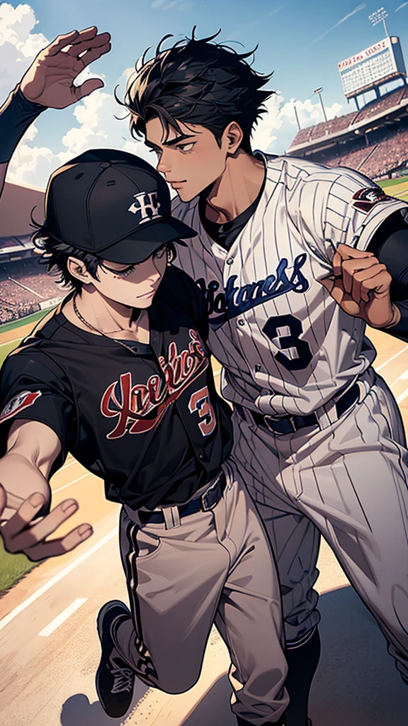 An illustration of two baseball players in uniforms high-fiving, Rob Ray and Kentaro Miura Style, Kentaro Miura&#39;s Manga Art Style, Kentaro Miura Manga Style, High quality fan art, Kentaro Miura&#39;s manga style, Inspired by Kin&#39;ichiro Ishikawa, Kentaro Miura art style, 🚿🗝📝