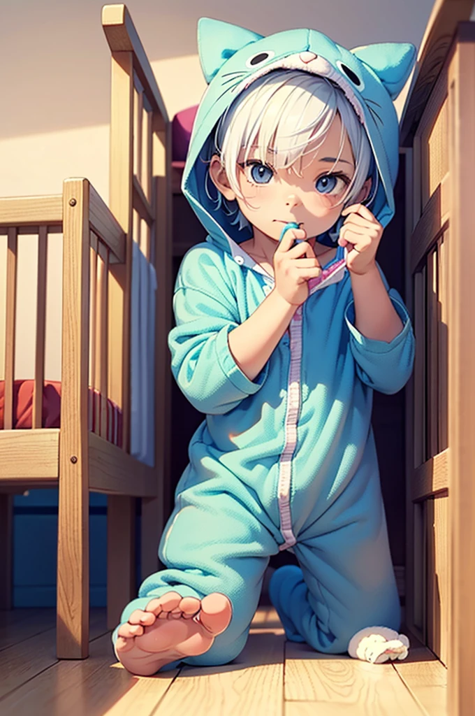 A  boy with white hair in a large nursery, thumb in mouth, (playing with toys), ((wearing a kitten onesie)), (((wearing a diaper))), [[sleeping]], (in a crib 1.5), stuffed animals, ((1boy)), high quality, extremely detailed, highly detailed, masterpiece, soft lighting, warm colors, pastel colors, (well drawn fingers), well drawn feet,
