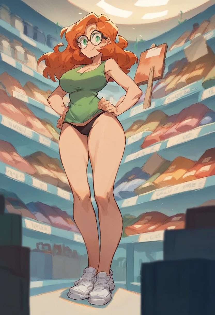 Masterpiece , best quality , Masterpiece , best quality , 1 woman, long wavy orange hair , green eyes , sly face , glasses , white tank top , black panties , abdomen, big breasts , Put your hands on your hips. , canvas shoes , convenience store