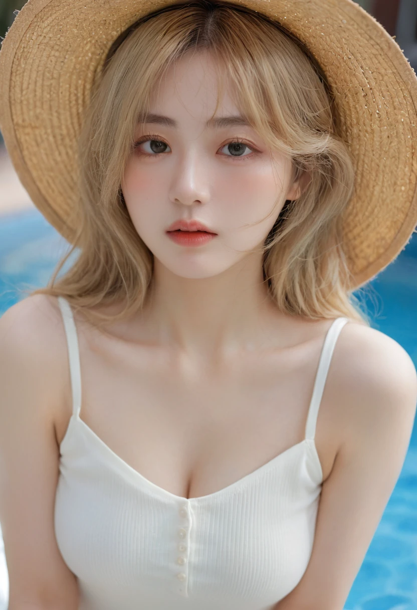 (Surrealism), (illustration), (high resolution), (8K), (Extremely detailed), (best illustration), (Beautiful and delicate eyes), (best quality), (Very detailed), (masterpiece), ( wallpaper), (Delicate face), solitary, 1 girl, White curly hair, Korean, Heterochromic eyes, There is a small mole under the eye, Loose white shirt, Yoga Pants, Large Breasts, Long legs, Tight abdominal muscles, Camel toe, Dynamic poses, Deeply saddenedの表情, (Very detailed美しい顔), (camisole:1.5), (Show your shoulders:1.3), (best quality:1.4), (Very detailed)、Beautiful fair skin with a sense of transparency,、top view、 Please open your mouth a little、Her legs can be seen through her skirt、Deeply saddened、Weak posture、Obscene pose、Sitting on the pool bed、、Next to the pool、Beach beds、Summer Crib、Wide-brimmed hat、Actress hat、Sunlight之下、Sunlight、Wide-brimmed hat、straw hat、Hats to wear at resorts、One of his eyes was covered by the brim of his hat、elegant、