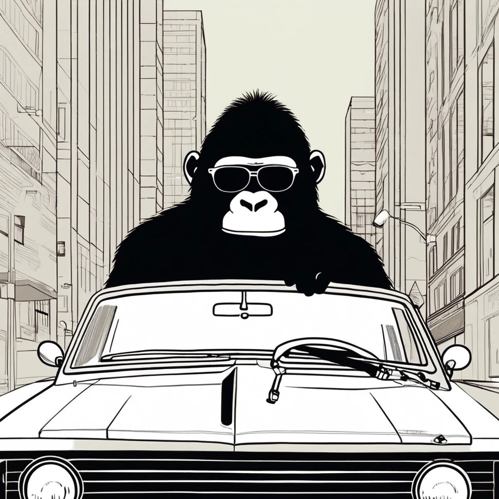gorilla-like , sweet,very cute,art by Sophie Roach , art by Jon Klassen , art by Michael Cho , art by Sophie Roach、sunglasses,smoking,city、driving