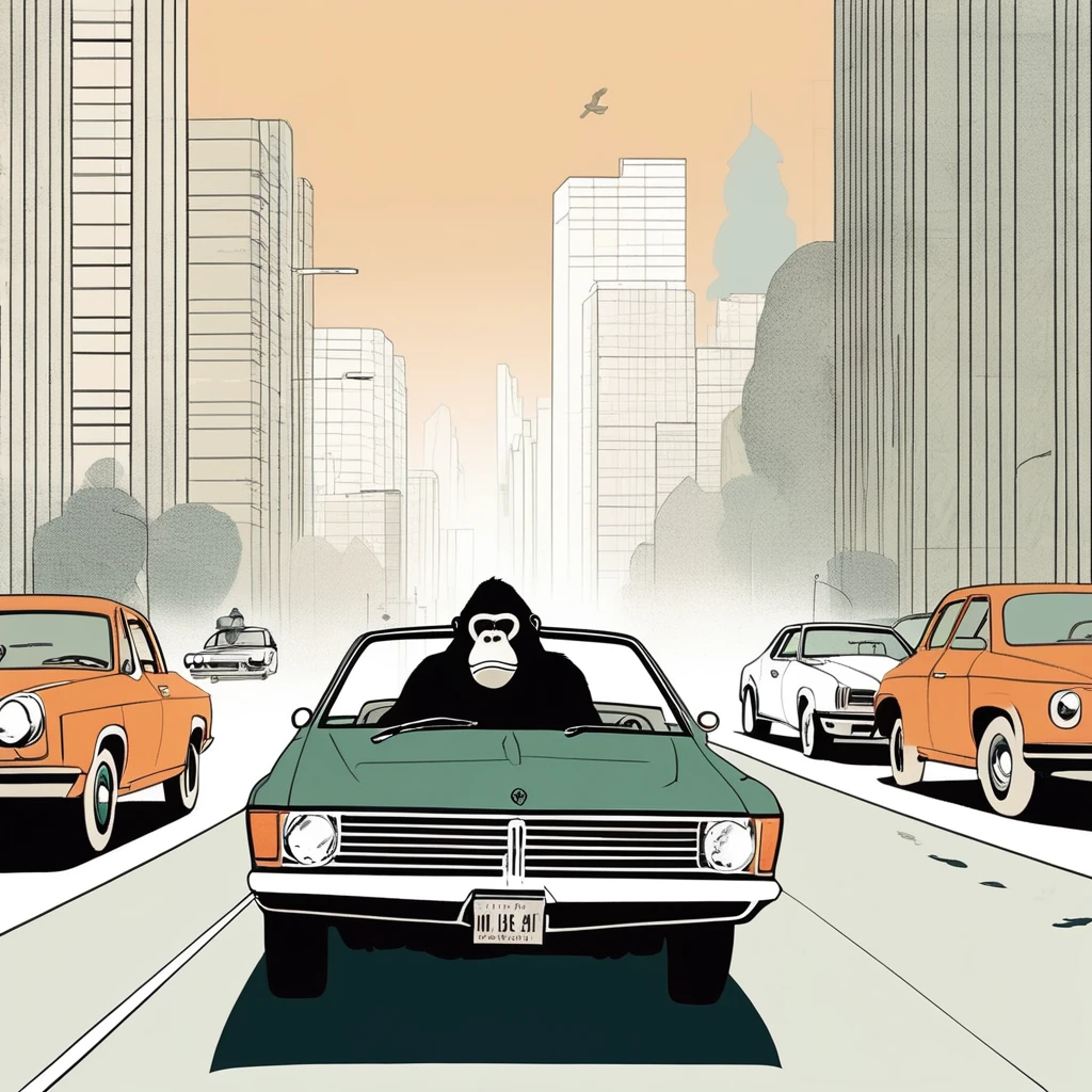 gorilla-like , sweet,very cute,art by Sophie Roach , art by Jon Klassen , art by Michael Cho , art by Sophie Roach、sunglasses,smoking,city、driving