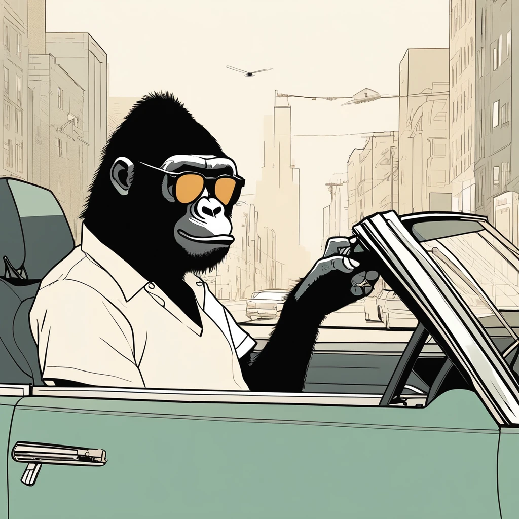 gorilla-like , sweet,very cute,art by Sophie Roach , art by Jon Klassen , art by Michael Cho , art by Sophie Roach、sunglasses,smoking,city、driving