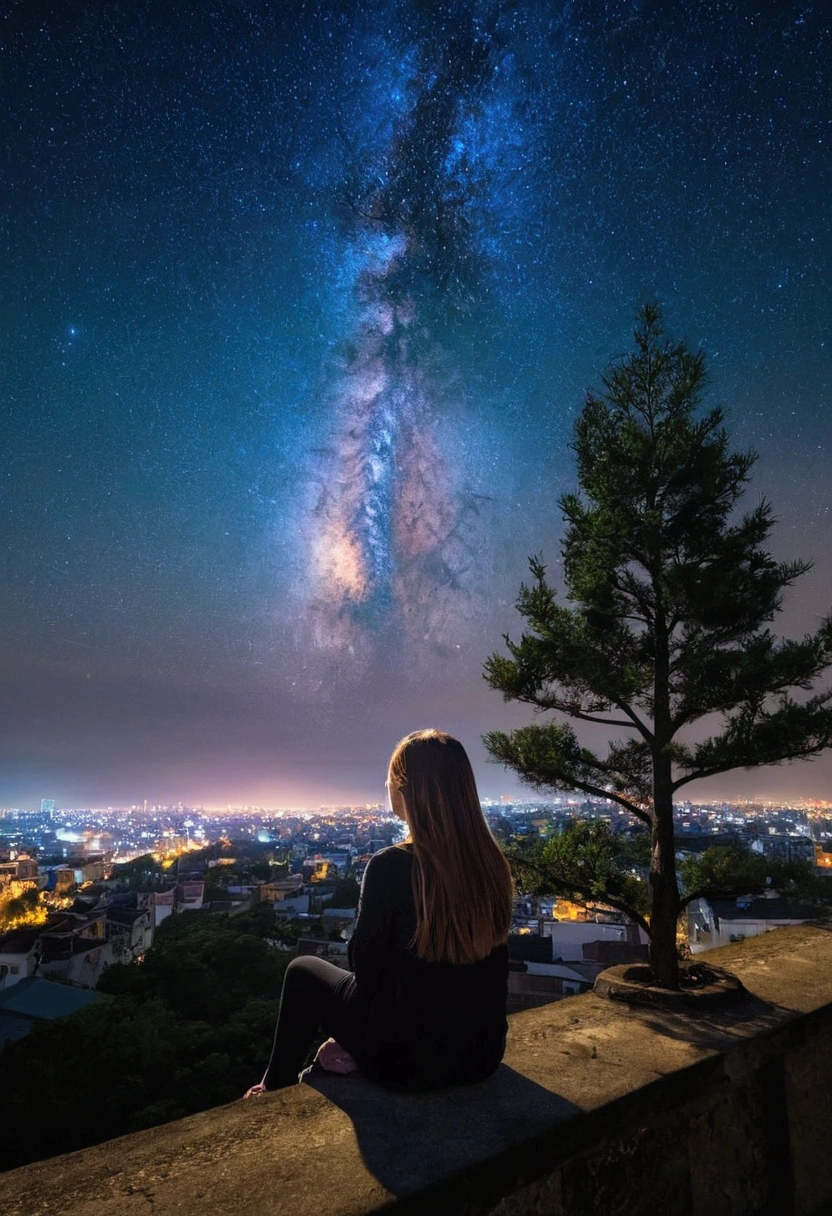 octans, sky, star (sky), scenery, starry sky, night, 1girl, night sky, solo, outdoors, building, cloud, milky way, sitting, tree, long hair, city, cityscape, best quality, 8K