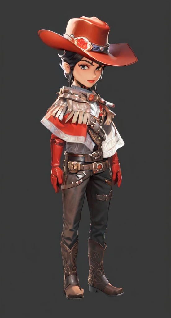 Cowboy wearing hat and mittens and red gloves, Stylized characters design, very Stylized characters design, very detailed character, Stylized characters, Super detailed fantasy characters, game character, game character design, Full body portrait, videogame character, Unrealistic character concept, video game character concept, 3D rendering style, Male Characters, Full body portrait