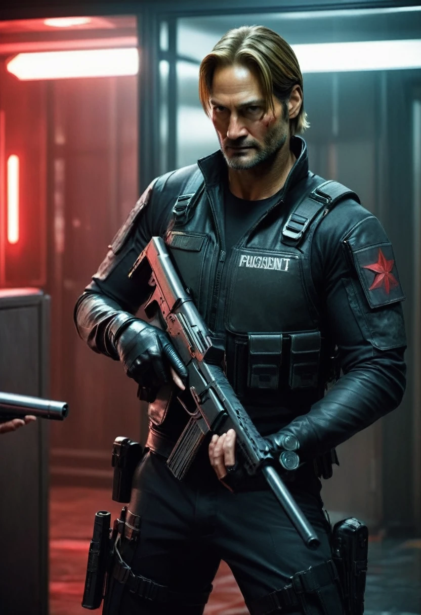 faithful image of actor Josh Holloway without a beard and dressed in costume "Leon kennedy" from the game "Resident Evil 2 remake", He has a gun in his hand and points it forward, serious face, detailled image, he is inside a closed private room with ultra futuristic LED light, has a logo "umbrella" on the wall, there is an Umbrella corporation logo behind it, his face is covered in blood, he holds a pistol with both hands, , he's shooting a zombie, high resolution