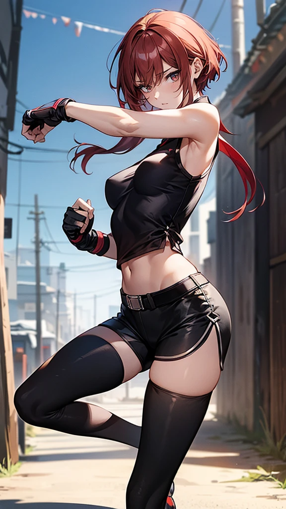 {{masterpiece}}, {{{best quality}}},{{ultra-detailed}}, {{illustration}},{{tall stature}},{{adult women}},skinny,Small breasts,Slender body,{{fighting stance}},((Leggings with integrated shorts)),((Black leggings)) Female Fighter Red hair short cut Sleeveless blouse Martial Arts Belt ,Chinese style,Cowboy Shot, black fingerless gloves,Street Fight,Slums during the day,1 female,alone, Elbow guard