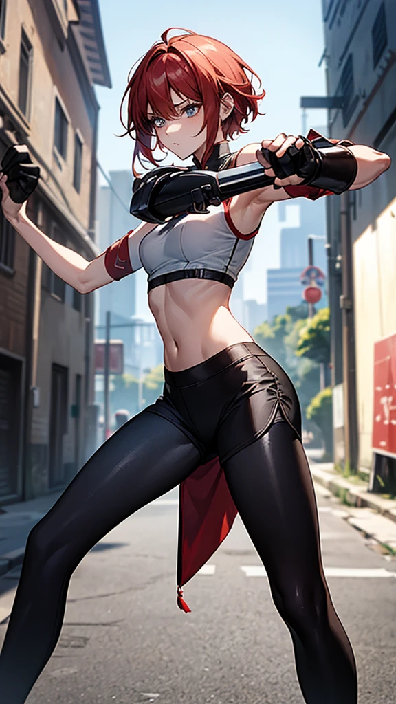 {{masterpiece}}, {{{best quality}}},{{ultra-detailed}}, {{illustration}},{{tall stature}},{{adult women}},skinny,Small breasts,Slender body,{{fighting stance}},((Leggings with integrated shorts)),((Black leggings)) Female Fighter　Red hair short cut　Sleeveless blouse　Martial Arts Belt　,Chinese style,Cowboy Shot, black fingerless gloves,Street Fight,Slums during the day,1 female,alone, Elbow guard 