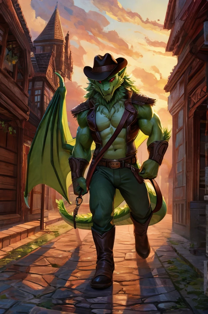 A fluffy white werewolf Walking a green dragon, The greenn dragon has one red robotic eye and has on a cowboy hat, The werewolf is walking the dragon using a kid leash.