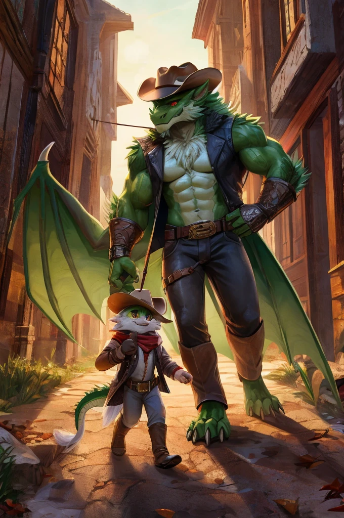  A fluffy white werewolf Walking a green dragon, The greenn dragon has one red robotic eye and has on a cowboy hat, The werewolf is walking the dragon using a ??? leash.