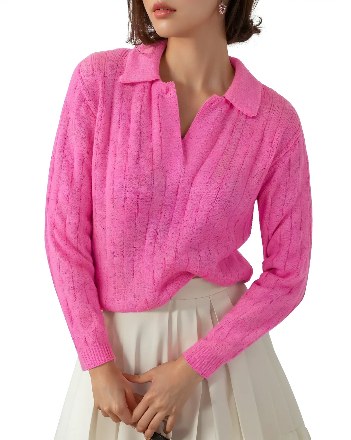 a woman wearing a pink sweater and white skirt with a purse, with soft pink colors, pink, Official product images, pink clothes, Collared shirt, pink shirt, hot pink, Excellent details, unbelievably realistic, Full length view, Detailed enlargement of photo, author:David Rubin, Long sleeve, neon pink, College Style, View from the side, Rectangle