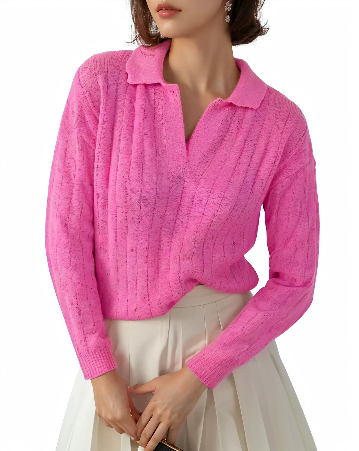 a woman wearing a pink sweater and white skirt with a purse, with soft pink colors, pink, Official product images, pink clothes, Collared shirt, pink shirt, hot pink, Excellent details, unbelievably realistic, Full length view, Detailed enlargement of photo, author：David Rubin, Long sleeve, neon pink, College Style, View from the side, Rectangle