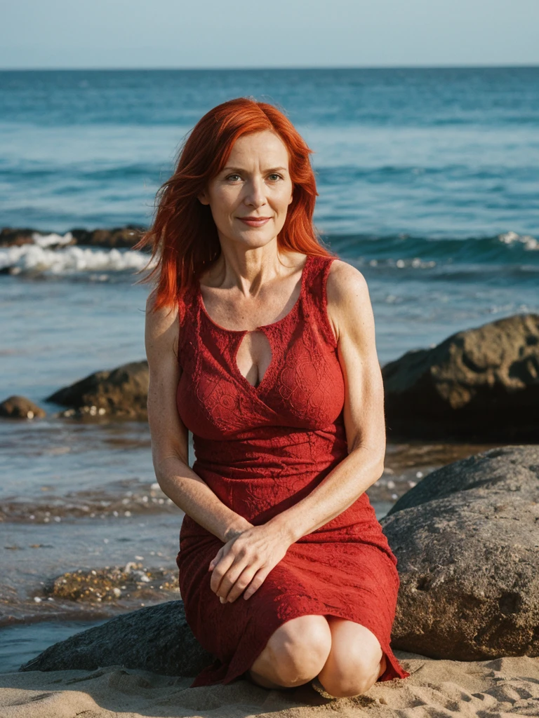 RAW PHOTO, her name is Sophia, high quality, 1 old woman, (((40-year-old hourglass body irish woman))), (((40 years old))), (((wrinkled body))), (((old body))), milf, ((aged body)), (((red hair))), (pale skin), she is wearing a sexy crochet dress, sitting, BREAK, BACKGROUND: outdoor, beach, instagram photo, film grain