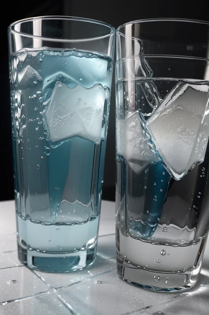 shows two glasses of water, one containing hot water and one containing cold water. Around the glass, there are temperature symbols to indicate the difference in water temperature. In the background, ice cubes and ice crystals form around the hot water glass, indicating the phenomenon of hot water freezing faster than cold water under certain conditions