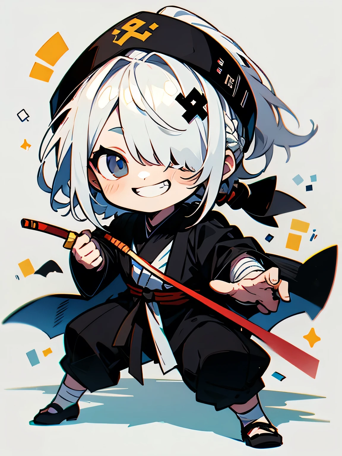 (chibi),solo,male's face,(white hair over closed one eye:1.2),grin,(low very long ponytail),black hachimaki,grin,Bandaged clothes, black cloak,fullbody,fighting stance,