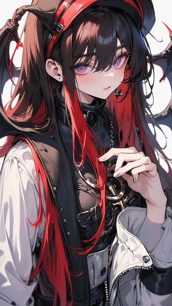 (Top resolution、Distinct_image)top-quality、A girl、masterpiece、highly detailed, half body, Semi-realistic、purple eyes 、18year old, dark red hair,young 、Exquisite facial features、Facial features ,variation potrait, long hairstyles, teenage, cool , cold sharp eyes, An expression of despair., lifeless eyes, blood on face, , {Very detailed 8k CG unit wallpaper}, Handsome, solo, female, vampires, dark cloak , loyalty , black clothes