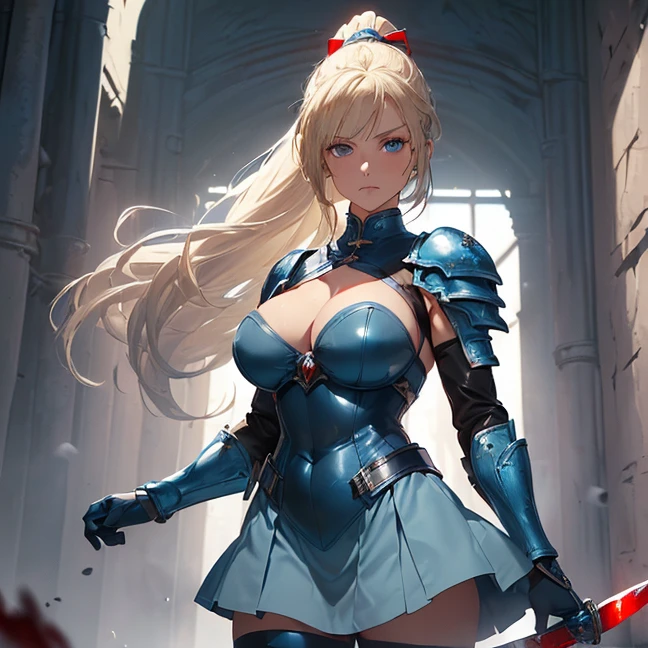 (Absurdres, master piece, best high quality image, very detailed features, very detailed textures, carefuly detailed artwork, solo character, front view, Warhammer 40K aesthetic)
{{(1character: 40 years old beautiful blonde woman, (blood on her body, fair skin, blue eyes, blonde golden long hair tied in a high ponytail with a long crimson ribbon, voluptuous figure, holding with both hands a sword), (full blue bulky armor plate, full chest plate, big houlder plates, belly plate, armored gauntlets, armored sleeves, steel hip plates around the skirt, long metal boots, medieval knight helmet, (under the armor she wears: grey leotard covered by a light blue combat padded bra and a light blue short skirt, light blue long leather spandex boots, light blue long sleeves and padded gloves, dark blue steel shoulderpads), (silver and red colored long sword with a red magical blade), (City ruins))}}