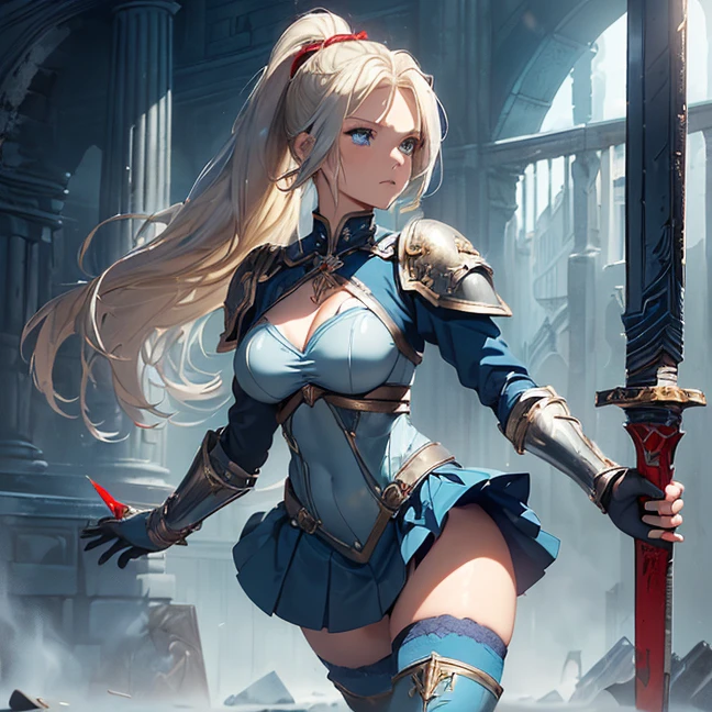 (Absurdres, master piece, best high quality image, very detailed features, very detailed textures, carefuly detailed artwork, solo character, front view, Warhammer 40K aesthetic)
{{(1character: 40 years old beautiful blonde woman, (blood on her body, fair skin, blue eyes, blonde golden long hair tied in a high ponytail with a long crimson ribbon, voluptuous figure, holding with both hands a sword), (full blue bulky armor plate, full chest plate, big houlder plates, belly plate, armored gauntlets, armored sleeves, steel hip plates around the skirt, long metal boots, medieval knight helmet, (under the armor she wears: grey leotard covered by a light blue combat padded bra and a light blue short skirt, light blue long leather spandex boots, light blue long sleeves and padded gloves, dark blue steel shoulderpads), (silver and red colored long sword with a red magical blade), (City ruins))}}