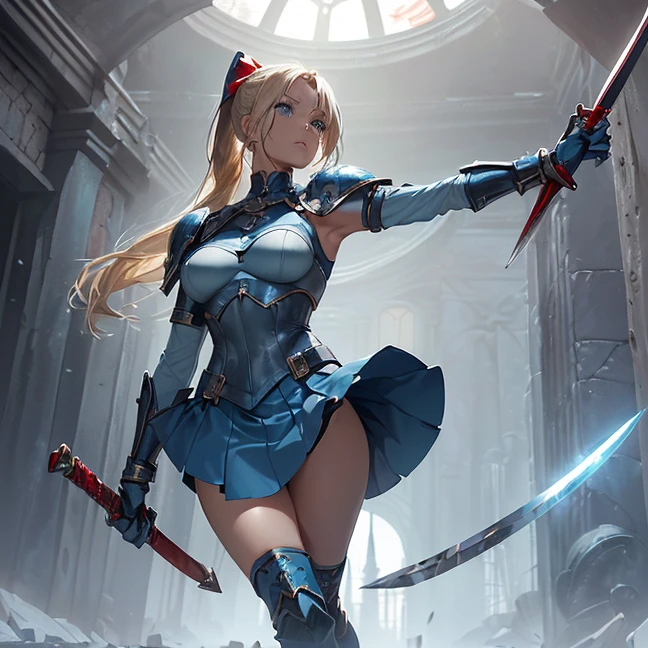 (Absurdres, master piece, best high quality image, very detailed features, very detailed textures, carefuly detailed artwork, solo character, front view, Warhammer 40K aesthetic)
{{(1character: 40 years old beautiful blonde woman, (blood on her body, fair skin, blue eyes, blonde golden long hair tied in a high ponytail with a long crimson ribbon, voluptuous figure, holding with both hands a sword), (full blue bulky armor plate, full chest plate, big houlder plates, belly plate, armored gauntlets, armored sleeves, steel hip plates around the skirt, long metal boots, medieval knight helmet, (under the armor she wears: grey leotard covered by a light blue combat padded bra and a light blue short skirt, light blue long leather spandex boots, light blue long sleeves and padded gloves, dark blue steel shoulderpads), (silver and red colored long sword with a red magical blade), (City ruins))}}