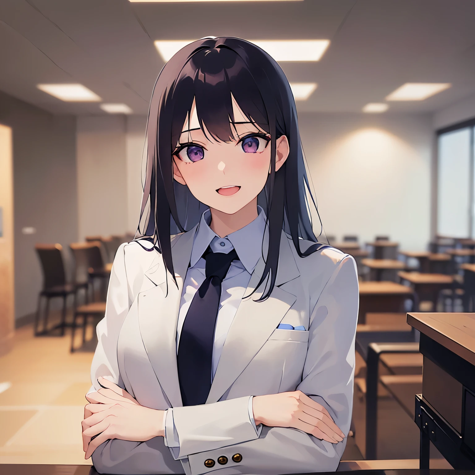 head tilt, Upper Body, Realistic, real person, (pale skin: 1.2), RAW photo, photorealistic, shiny skin, shiny hair、(A 25-year-old woman with straight hair and bangs) and (medium hair) and (black hair) and (purple eyes) , (suit:1.5) and (Blue tie) 、open mouth, grin, The background is the conference room、Alone、Are standing