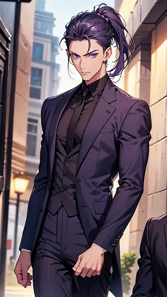 Male, blue eyes, purple slicked back ponytail, navy blue suit, thin eyebrows, slim body, upper body