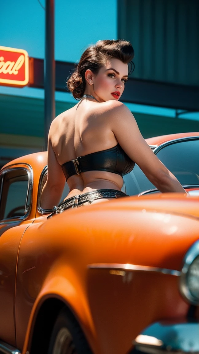 a hyper-realistic photograph of a beautiful rockabilly pin-up model leaning against a hot rod car in the parking lot of a 50s-style diner, with an interesting camera angle and perspective, volumetric lighting, Depth of field, professional photo session, cinematic lighting. details Intricate, lifelike textures, dynamic pose