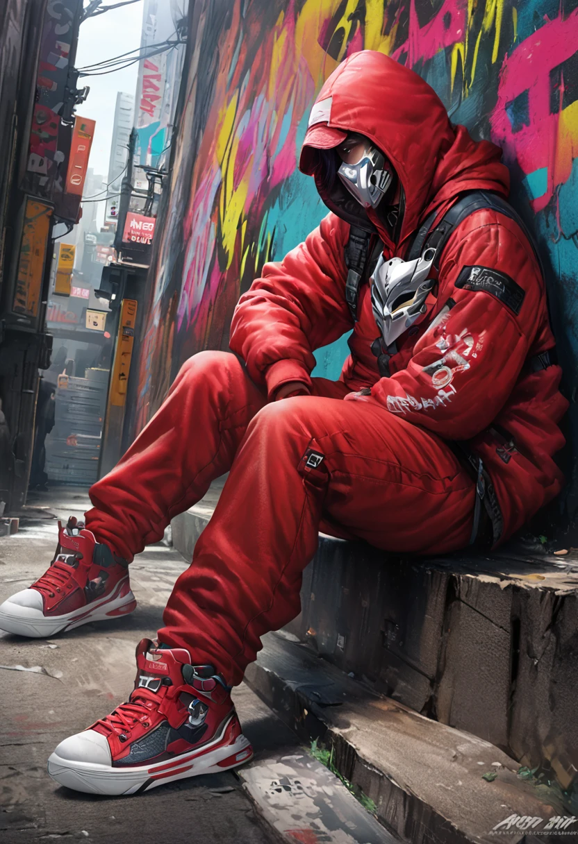 A full body shot of an anime character in red techwear with a silver mask and sneakers, sitting on the ground outside his store in Tokyo, graffiti on walls, cyberpunk, manga style, art in the style of Tite Kuboyama and Yoji Shinkawa and Akihiko Yoshida, a trending illustration on ArtStation, anime aesthetic, detailed design, hyper realistic, high resolution