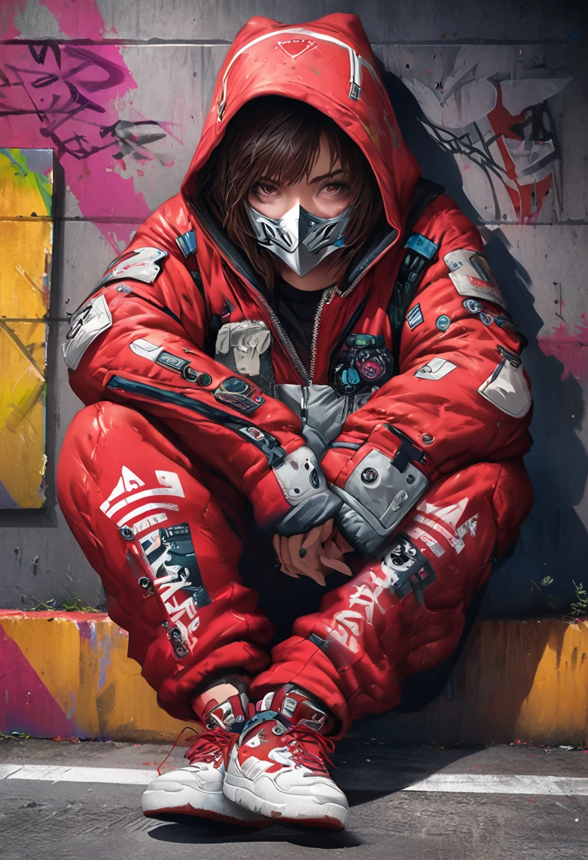 A full body shot of an anime character in red techwear with a silver mask and sneakers, sitting on the ground outside his store in Tokyo, graffiti on walls, cyberpunk, manga style, art in the style of Tite Kuboyama and Yoji Shinkawa and Akihiko Yoshida, a trending illustration on ArtStation, anime aesthetic, detailed design, hyper realistic, high resolution