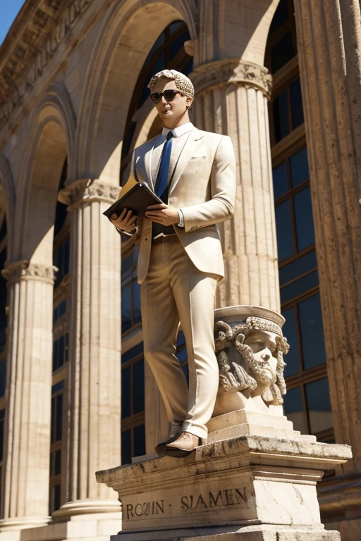 Roman statue, sunglasses suit and tie, business environment in ancient Rome
