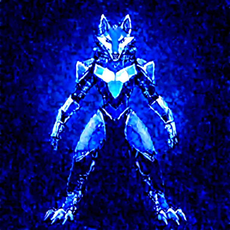 Cyber Wolf has a sleek and futuristic appearance, with a metallic silver body and robotic parts replacing his wolf-like features. He has sharp claws and teeth, as well as eyes that glow with an eerie blue light, he stands on two legs.