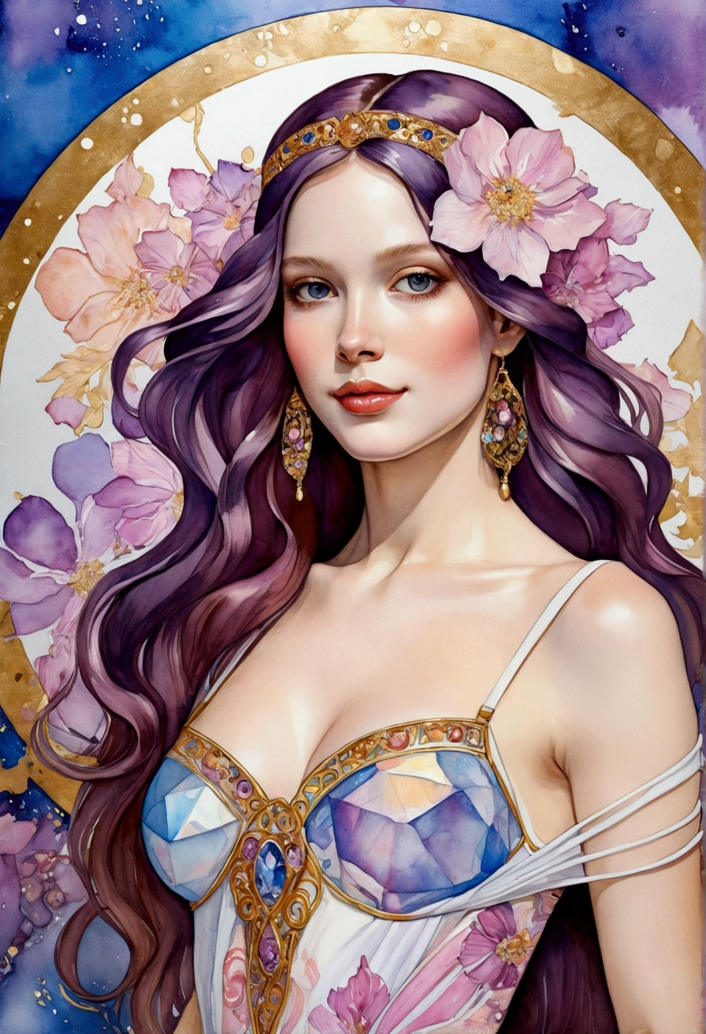 transparent watercolor, combined with the artistic styles of Gustav Klimt, Mucha, Caravaggio, a miss bikini beautiful girl show half medium breast sensual with different shades of white and light purple pink long hair, wearing a bohemian style dress of beautiful girl with breast and long legs and toes sensual paint full colors, smiling face attractive and bright and attractive eyes, decorated with winter flowers full colors, hollow crystals on a mix gold and blue leather round background, narrow frame (holographic fabric),decorativeism, exquisite details and high quality, vivids.