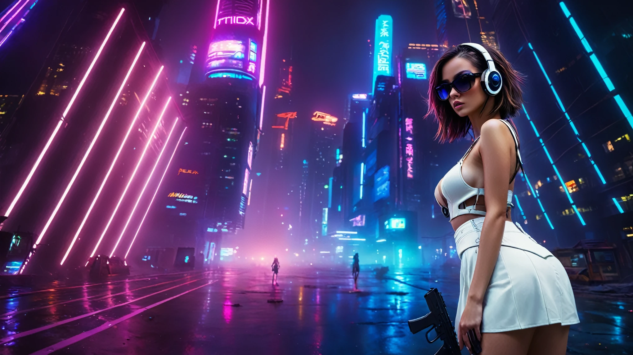 dark futuristic landscape, at night, neon lights, Atmospheric fog, large buildings in the background, futuristic city, streets with open shops, skyscraper (postapocalyptic city:1.3). (((1girl, solo, alone))), large-breast:1.2 slim body, cleavage:1.1, sexy miniskirt, (((headphone, black sunglasses, standing and holding pistol pose))), (((half-body thigh level medium shot))), cinematic lighting, lens flare, ray tracing.