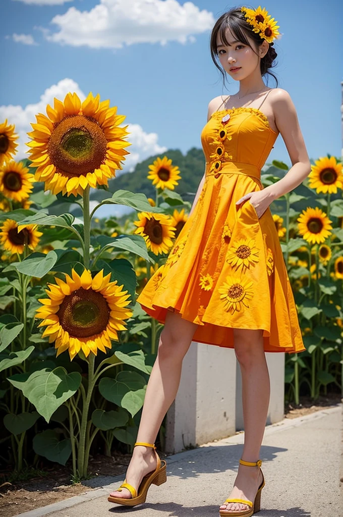 Sunflower Applique Dress：Design a dress inspired by real sunflowers。The skirt can be in orange or，There are three-dimensional sunflower petals on it，Mimics the appearance of a real sunflower。Pair it with a pair of simple sandals，Perfect for summer wear。