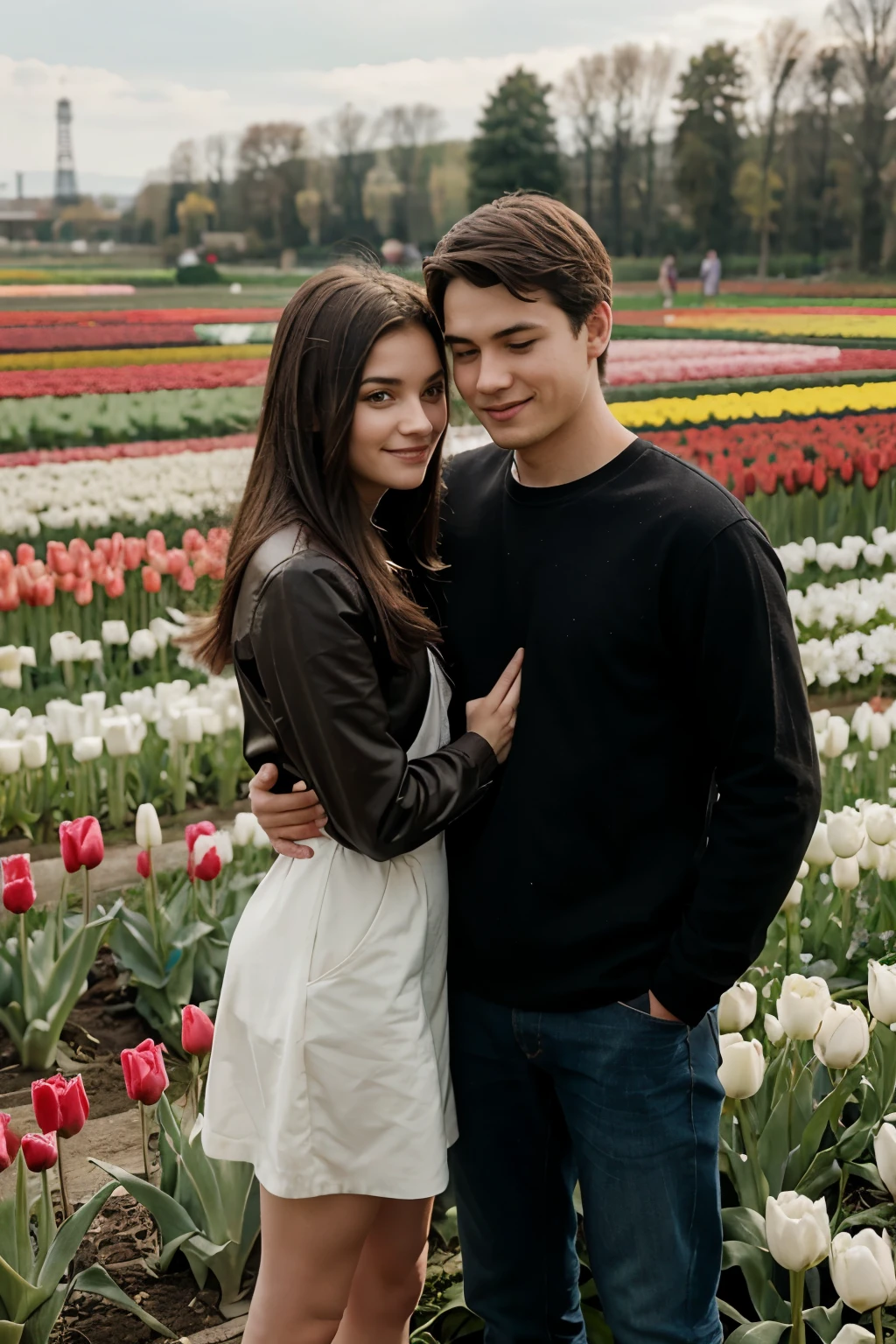 Couple in a tulip field, the boy is shorter than the girl