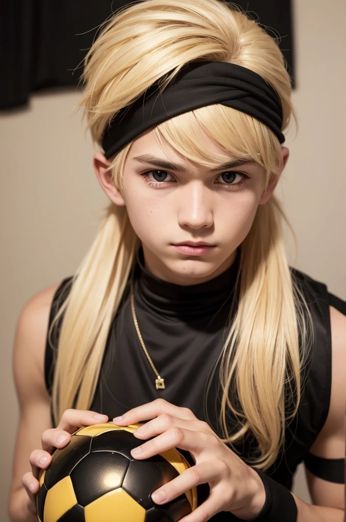 Creates a blonde boy with a black headband with a golden ball 