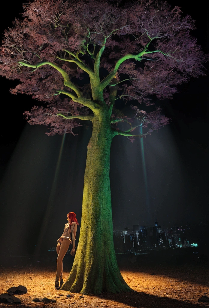 Eve, full-body nadir angle, surrounded by an extraordinary tree of the science of good and evil, dark but illuminated with spectacular illumination, this illuminator reflects an intense red on its left side, on its right side a white-green light. Her infinitely beautiful hair of a glorious color is found in Paradise, the Tree of Eden, with very red apples as hologram screens, the holograms show small, extremely complex digital trees on their neon wires. Created using: high resolution, wide aspect ratio, cinematic lighting, depth of field, sharp focus on subject, Nadir shot, dark and moody atmosphere, photorealistic style, 32k, IMAX, Depth of Field, Tilt Blur, Shutter Speed 1/1000, F/22, White Balance, 32k, Super Resolution, Pro Photo RGB, Backlight, Backlight, Happy Lighting, Incandescent, Soft Lighting, Surround, Conte Jour, Global Illumination, Screen Space Global Illumination, Scattering, Shadows, Rough, Flicker, Backlight Reflection, Screen Space Reflection, Diffraction Estimation, Chromatic Aberration, GB Bias, Scan Lines, Ambient Occlusion, A RTX, SSAO, OpenGL Shaders, Post-processing, Post-production, Cell shading, Tone mapping, CGI, VFX, SFX, Incredibly detailed and complex, Hypermaximalist, Elegant, Dynamic pose, Photography, volumetric, ultra-detailed, complex details, super-detailed, environment