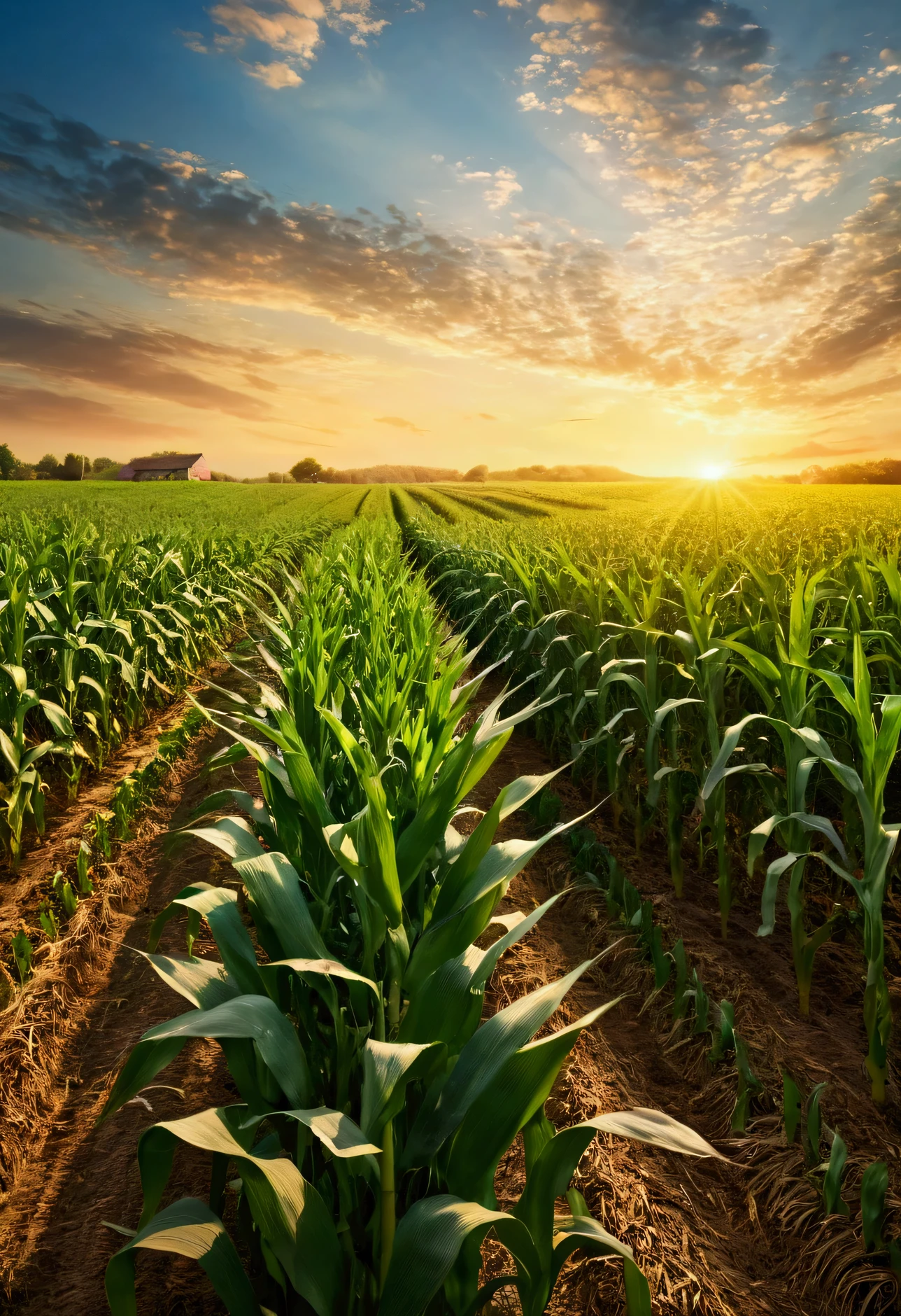 high quality,high resolution,Extremely detailed,realistic cornfield, Vibrant colors, Natural Lighting, Peaceful atmosphere, Rustling Leaves, Golden sunset, Vast landscape, summer harvest, Harvest, peaceful, natural beauty, Rural scenery, Agricultural background, Fertile soil, Endless cornfields, Tall stems, Swaying in the breeze, Birds chirp, Farmhouse in the distance, Simple, peaceful, peaceful environment, Vast field, Clear blue sky, The wind whispered, peaceful countryside, Idyllic setting,Real picture