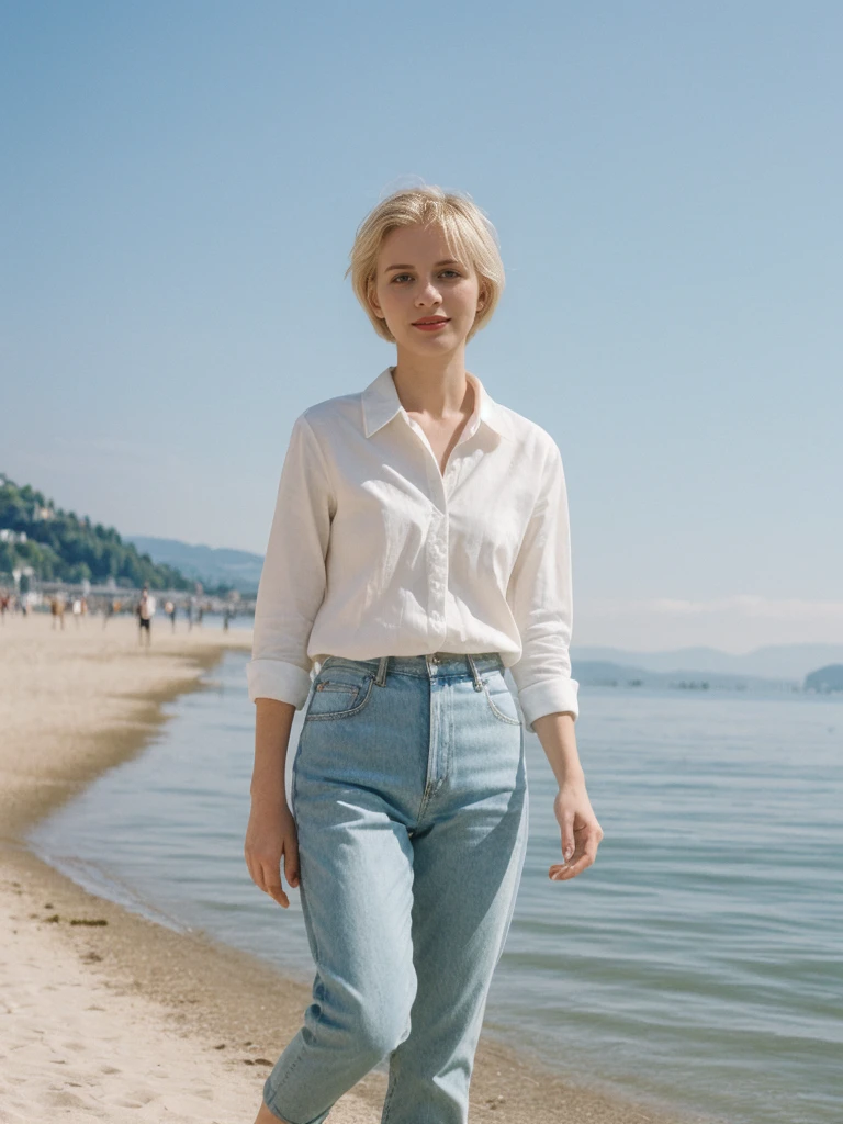 her name is Amelie, high quality, 1girl, ((25-year-old fit Caucasian woman)), ((25 years old)), ((SLIM)), ((short blonde hair)), pose: standing, wearing fashionable Generation-Z modern wear different colored, BACKGROUND: "Walking along the Grande Plage, with its beautiful coastline and historic lighthouse."
Lausanne, Switzerland: