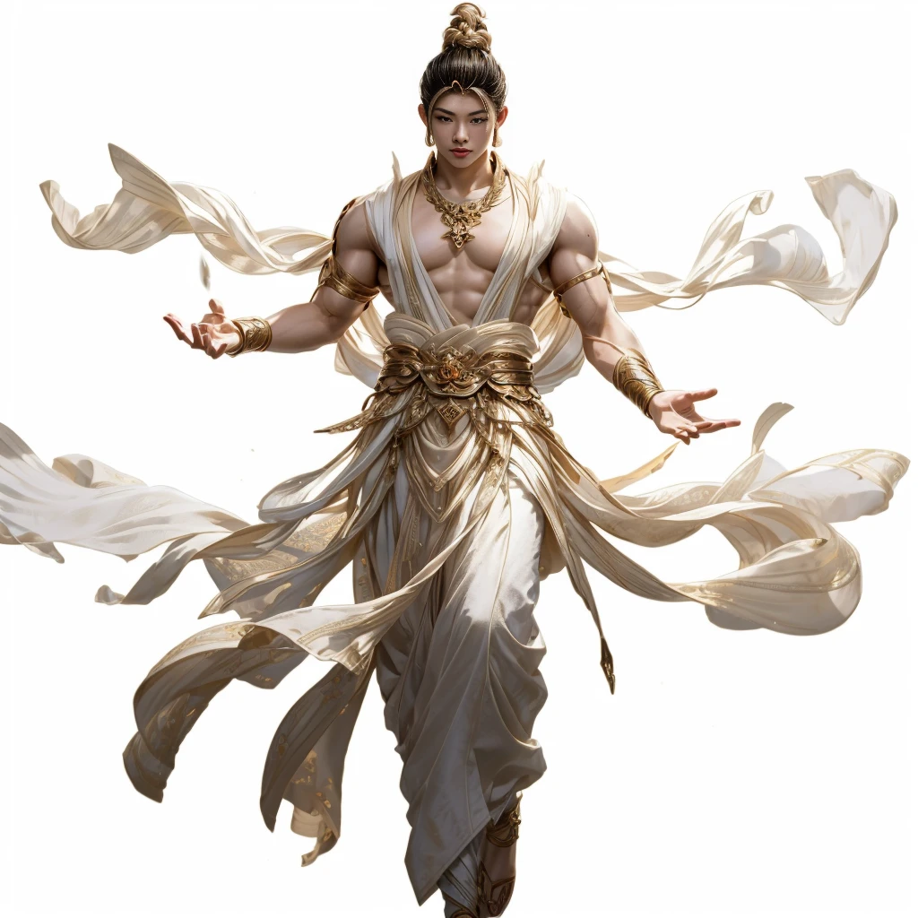 Dunhuang,Aesthetic,male,muscular,Hairstyle,Clothes white gold,Fairy air,4K,Lighting,Ball head,blonde,Clothes fluttering yarn,Flowing clothes,Male bodhisattva,头发Hairstyle,sacred,Cool clothing,Biceps,Monk,bust,Hands together,3/4 angle,Man standing sideways。Asian beauty