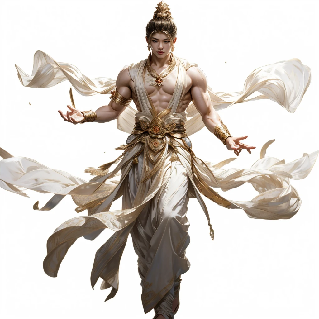 Dunhuang，Aesthetic，male，muscular，Hairstyle，Clothes white gold，Fairy air，4K，Lighting，Ball head，blonde，Clothes fluttering yarn，Flowing clothes，Male bodhisattva，头发Hairstyle，sacred，Cool clothing，Biceps，Monk，bust，Hands together，3/4 angle，Man standing sideways。Asian beauty