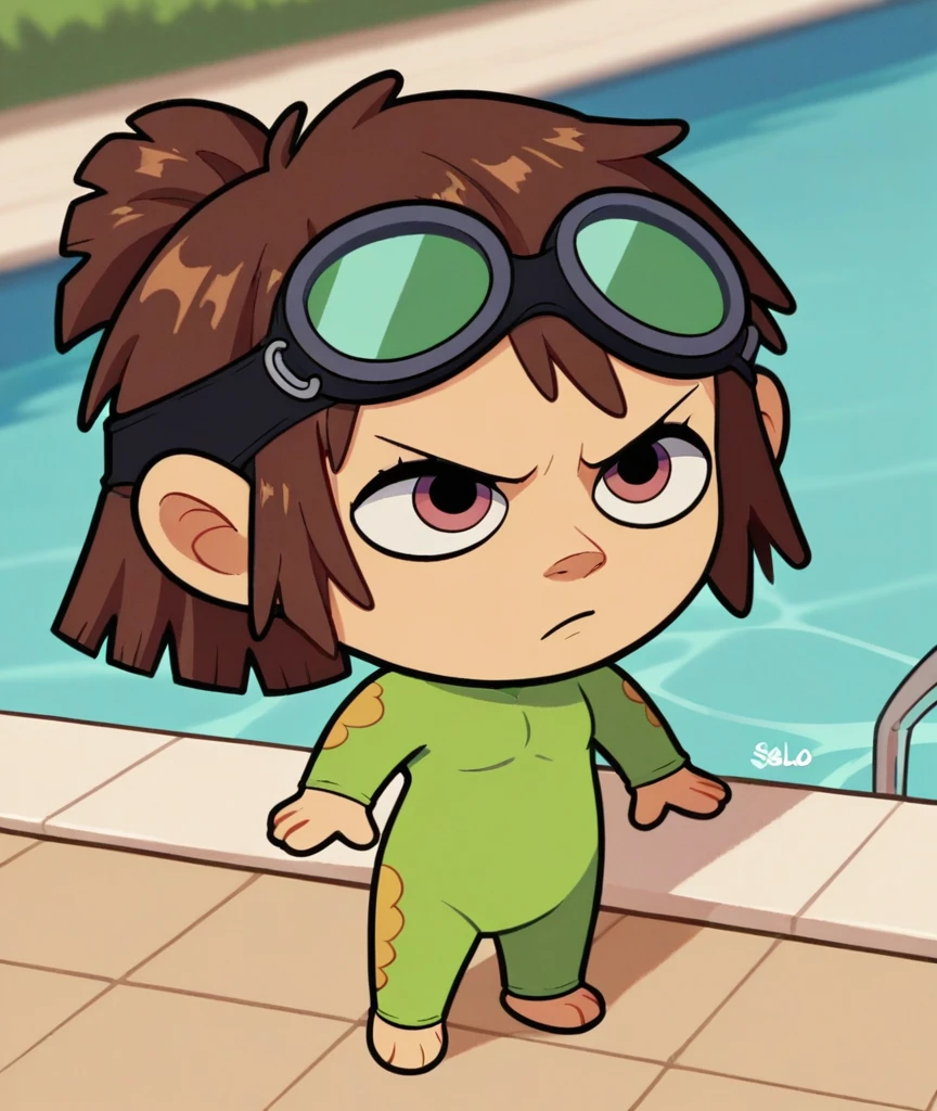 lisaloud, 1girl, solo, green tight One piece swimsuit, Yellow Fins, green tight swim cap, black Goggles, standing in Pool, brown hair, chibi, score_9, score_8_up, score_7_up, swimming 