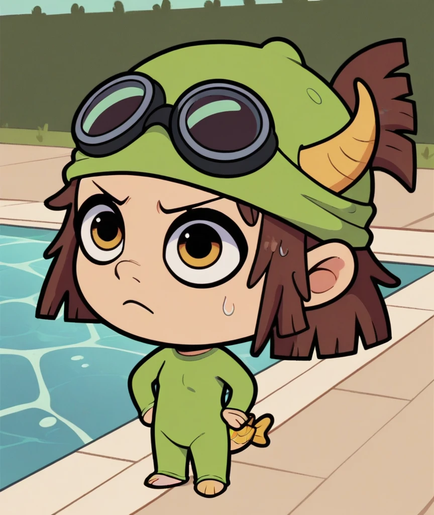 lisaloud, 1girl, solo, green tight One piece swimsuit, Yellow Fins, green tight swim cap, black Goggles, standing in Pool, brown hair, chibi, score_9, score_8_up, score_7_up, swimming 