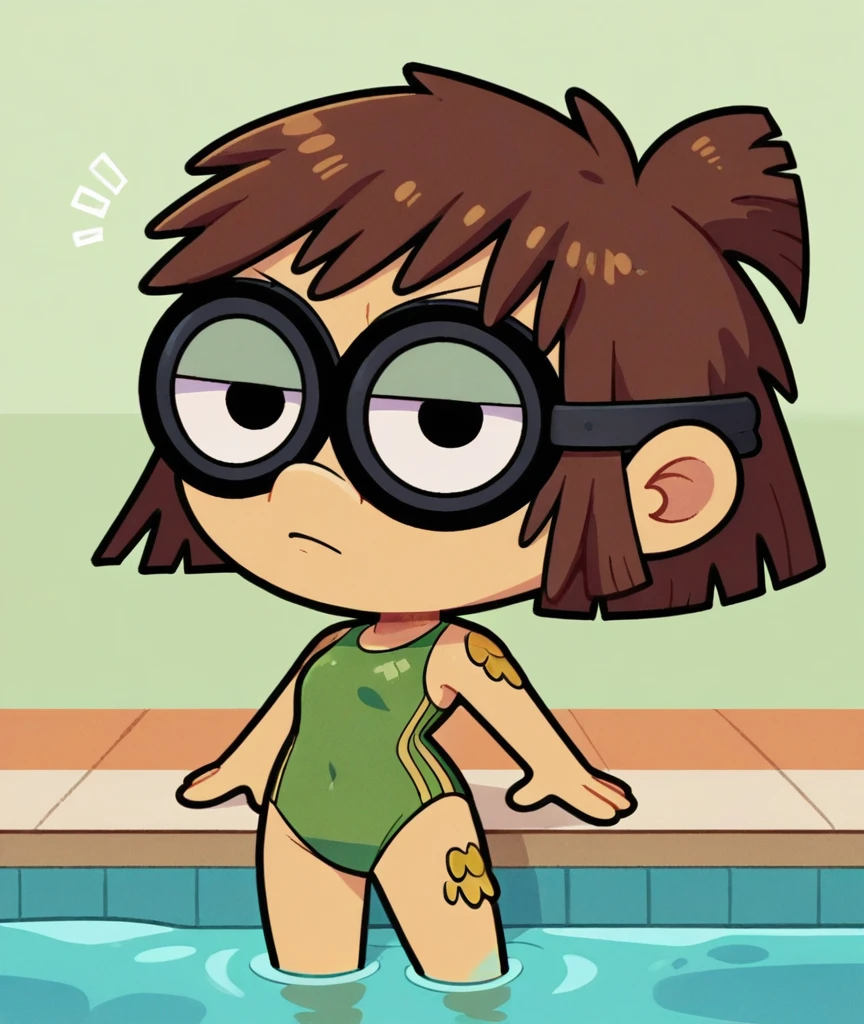 lisaloud, 1girl, solo, green tight One piece swimsuit, Yellow Fins, green tight swim cap, black Goggles, standing in Pool, brown hair, chibi, score_9, score_8_up, score_7_up, swimming 