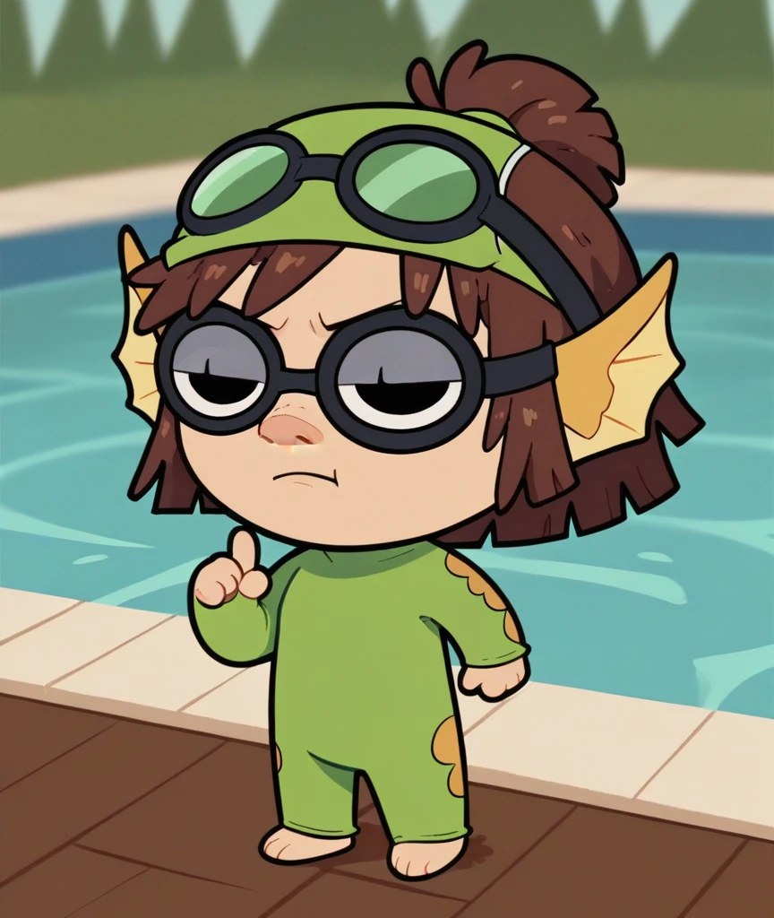 lisaloud, 1girl, solo, green tight One piece swimsuit, Yellow Fins, green tight swim cap, black Goggles, standing in Pool, brown hair, chibi, score_9, score_8_up, score_7_up, swimming 