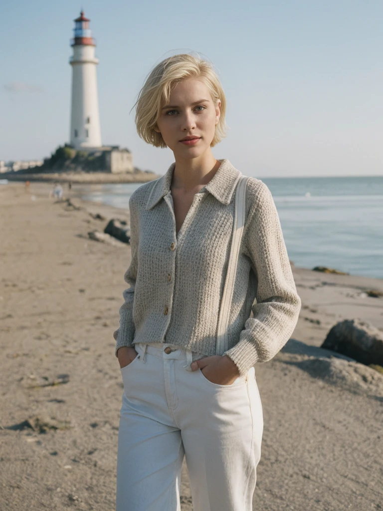 her name is Amelie, high quality, 1girl, ((25-year-old fit Caucasian woman)), ((25 years old)), ((SLIM)), ((short blonde hair)), pose: standing, wearing fashionable Generation-Z modern wear different colored, BACKGROUND:  "Walking along the Grande Plage, with its beautiful coastline and historic lighthouse."
