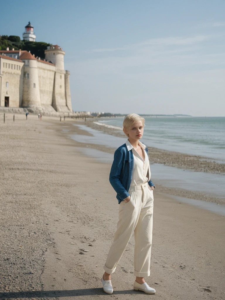 her name is Amelie, high quality, 1girl, ((25-year-old fit Caucasian woman)), ((25 years old)), ((SLIM)), ((short blonde hair)), pose: standing, wearing fashionable Generation-Z modern wear different colored, BACKGROUND: "Walking along the Grande Plage, with its beautiful coastline and historic lighthouse."