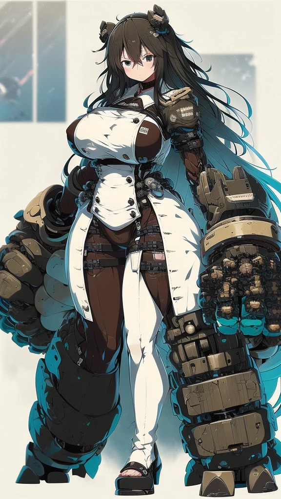 Anime, 1 girl, Fubuki, Fubuki's hairstyle, expressive Brown eyes, busty, military's uniform, large mechanical arms, mechanical hands, serious expression, large heavy mechanical arms,