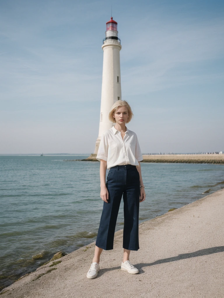 her name is Amelie, high quality, 1girl, ((25-year-old fit Caucasian woman)), ((25 years old)), ((SLIM)), ((short blonde hair)), pose: standing, wearing fashionable Generation-Z modern wear different colored, BACKGROUND: "Walking along the Grande Plage, with its beautiful coastline and historic lighthouse."