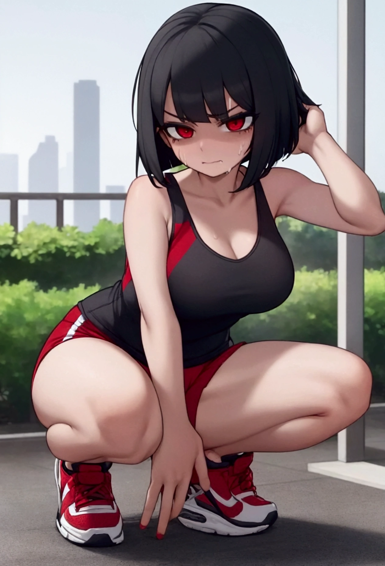 Girl, black hair, bob, red eyes, marathon runner, rolling her eyes, squatting down, looking in pain, sweating, white and red tank top, shorts, marathon shoes